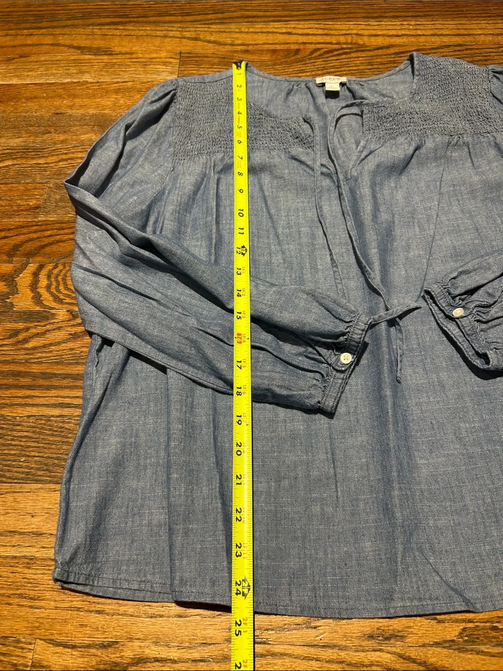 J. Crew Chambray Blue Smocked Yoke Long-Sleeve Top